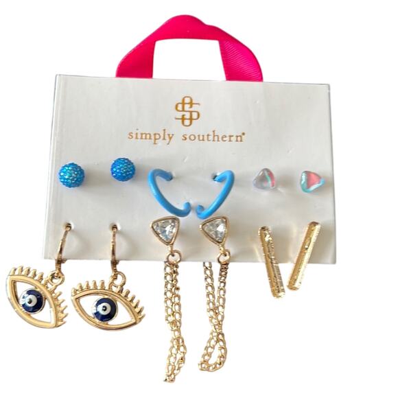 Simply Southern New on Card 6 Pairs of Earrings Blue Gold Dangles Posts - Picture 1 of 2